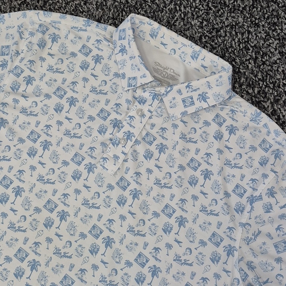 Straight Down Polo Shirt Mens XL White Hawaiian All Over Print Performance Golf